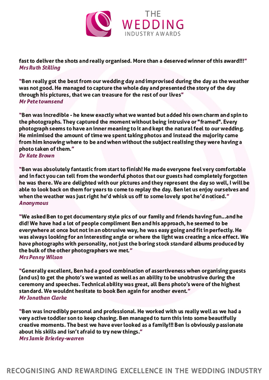 The 2016 Wedding Industry Awards Regional Finalist, Ben Pollard