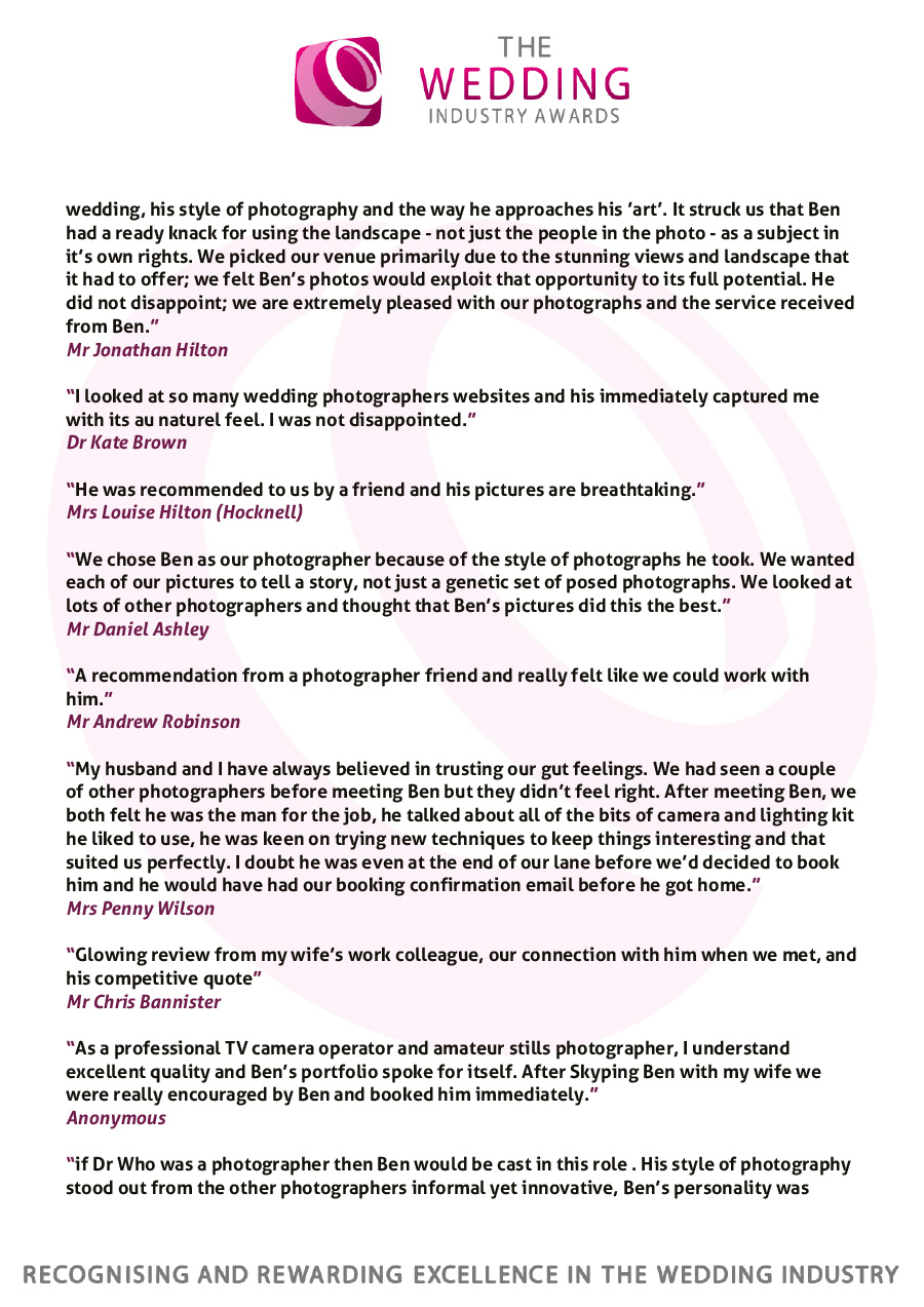 The 2016 Wedding Industry Awards Regional Finalist, Ben Pollard